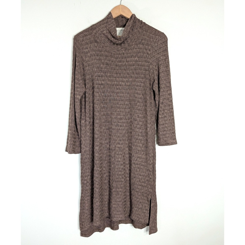 Puella (Anthropologie) Brown Tunic Sweater; Mock Neck Ribbed Knit Longline Top